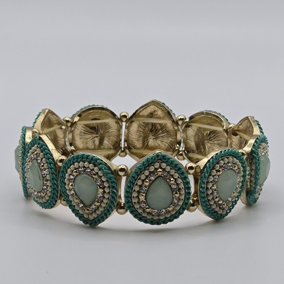 Charming Charlie Teal Teardrop Stretch Bracelet Gold Tone - Picture 1 of 8